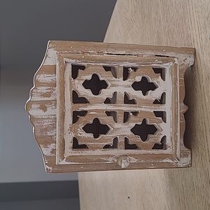 Small wooden white-washed  Key Holder. Door opens, intricate design.